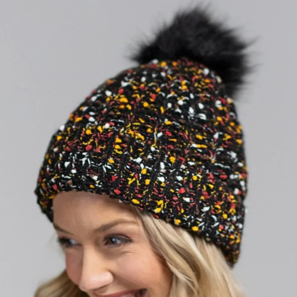 🆕 Black & Multicolor Confetti Knit Beanie w/ Faux Fur Pom-Pom 🆕